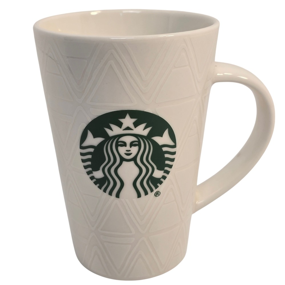 Starbucks White Embossed Triangle Geometric Ceramic‎ Latte Coffee Mug 16oz 6in